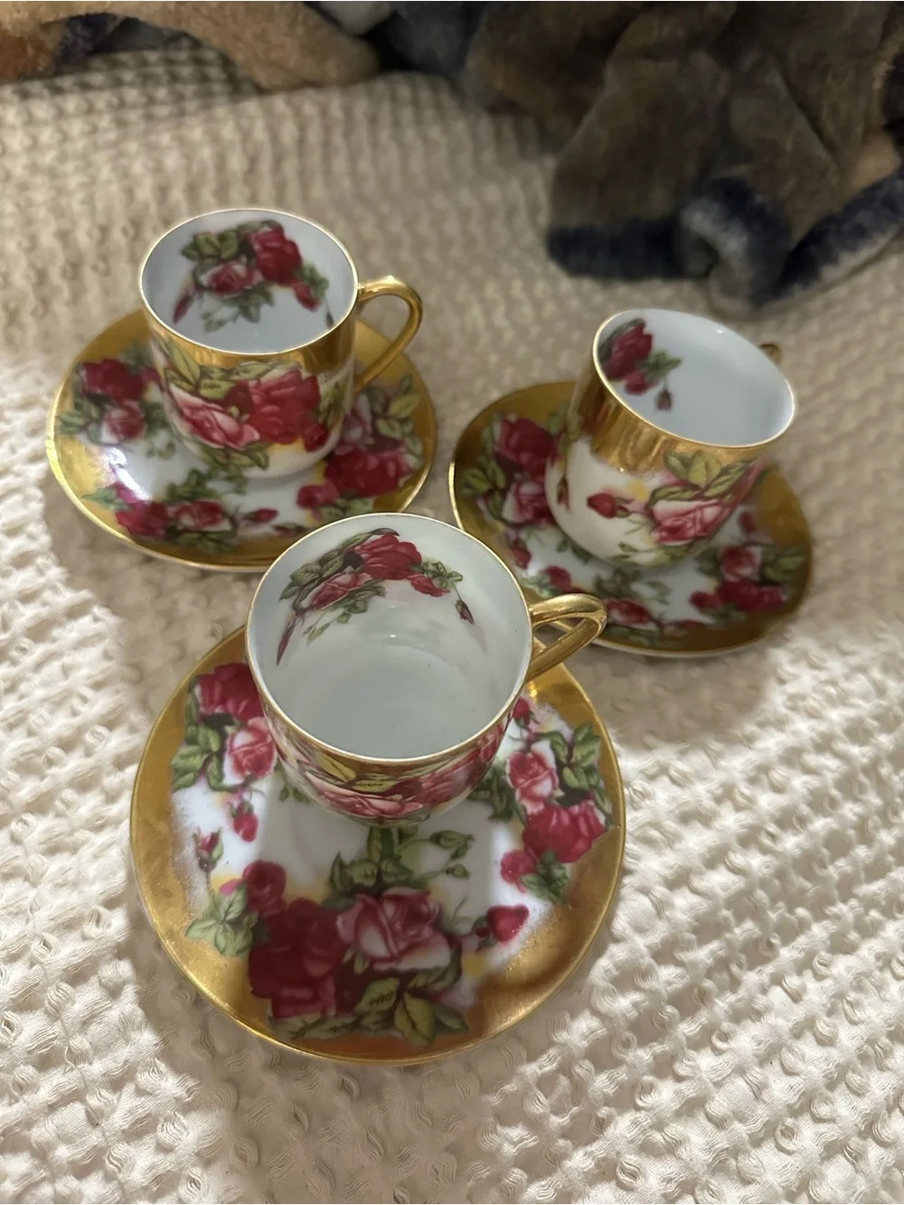 Vintage Rose-Pattern Porcelain Espresso Cups & Saucers with Gold Trim